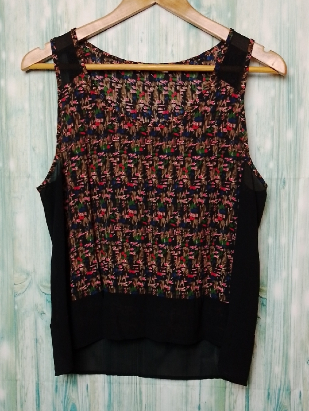 Elodie Sheer Black Tank with Multicolor Abstract Front Medium